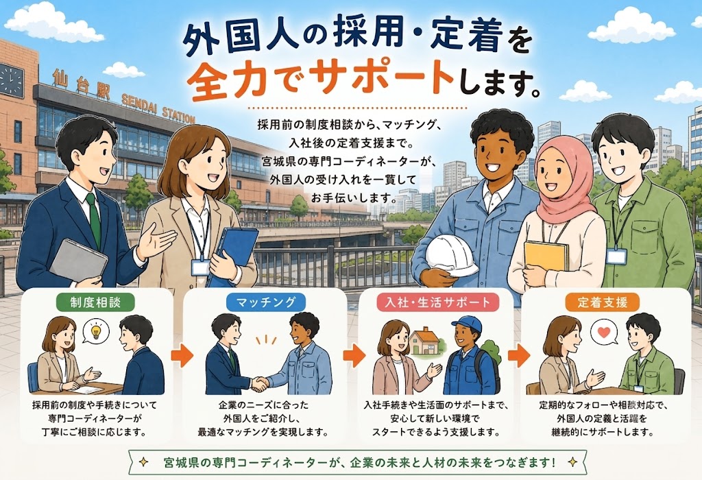 外国人材の採用・定着を全力でサポートします|制度相談・マッチング・入社/生活サポート・定着支援